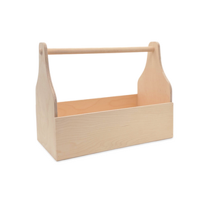 Helles, hölzernes Werkzeugträger mit einem einfachen, robusten Griff.