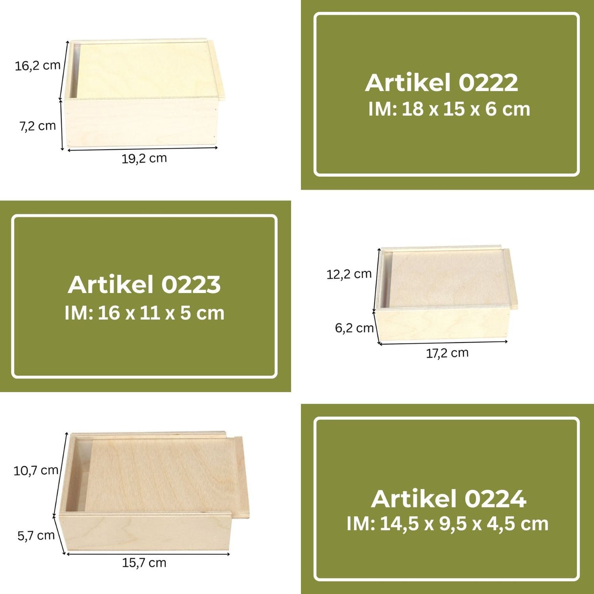Drei verschiedene Größen von unbehandelten Holz-Aufbewahrungsboxen mit passenden Deckeln, beschriftet als Artikel 0222, 0223 und 0224.
