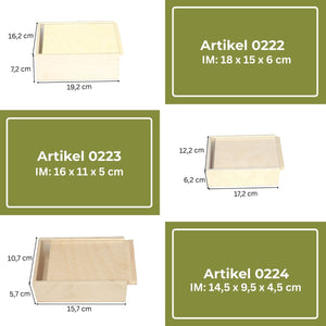 Drei verschiedene Größen von unbehandelten Holz-Aufbewahrungsboxen mit passenden Deckeln, beschriftet als Artikel 0222, 0223 und 0224.