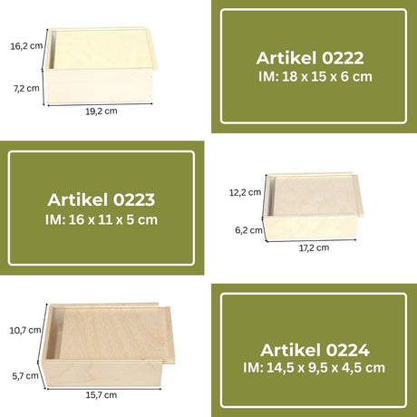 Drei verschiedene Größen von unbehandelten Holz-Aufbewahrungsboxen mit passenden Deckeln, beschriftet als Artikel 0222, 0223 und 0224.