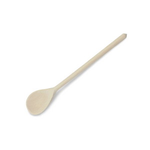 Cremeweißer Holzlöffel mit einer abgerundeten Schüssel und langem Griff, geeignet zum Kochen oder Servieren.