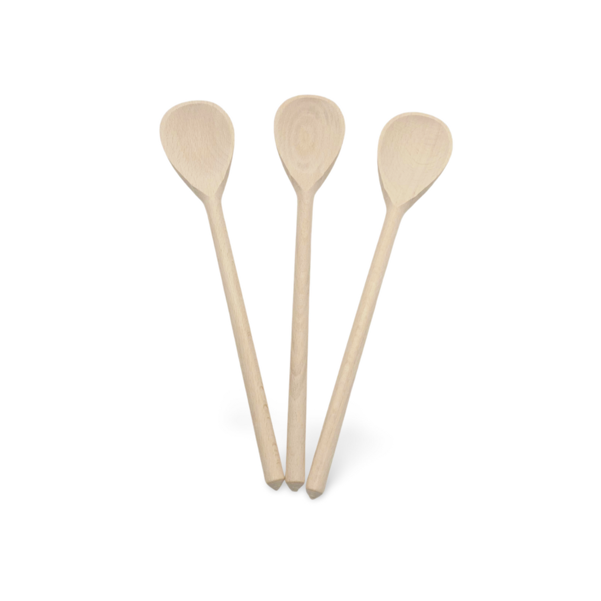 Holzlöffel-Set aus drei Teilen, natürliche Oberfläche, hellbraune Farbe.