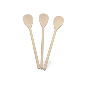 Holzlöffel-Set aus drei Teilen, natürliche Oberfläche, hellbraune Farbe.