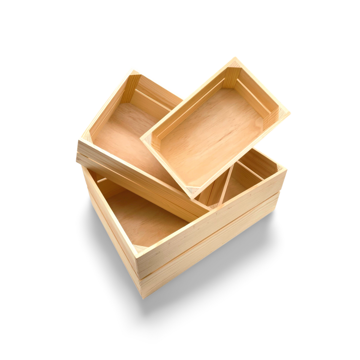 Holz-Aufbewahrungsbox mit Fächern, natürliche Oberfläche.