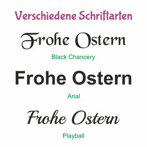 Das Bild zeigt eine Sammlung verschiedener Schriftarten für den Satz »frohe ostern«, einschließlich Black Chancery, Arial und Playball.