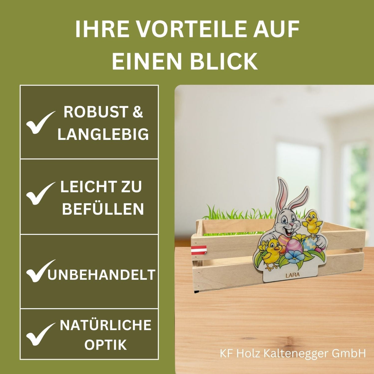 Ein charmanter hölzerner Oster-Planterkasten mit cartoonartigem Hasen- und Küken-Design und natürlicher Holzmaserung.