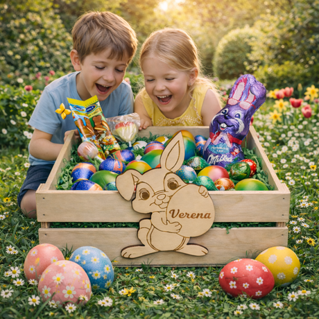 Eine helle Holzkiste mit einem geschnitzten Hasenmuster und dem Namen »verena« eingraviert darauf, gefüllt mit bunten Ostereiern und Schokoladenbonbons.