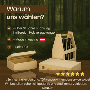 Helles Holz-Bierflaschen-Träger mit Griff und vier Fächern für Flaschen.