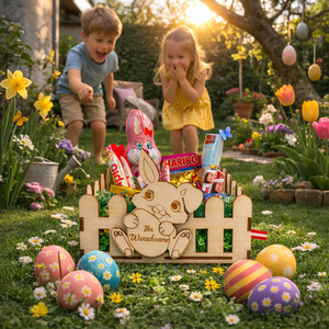 Ein hellholzfarbenes, osterhasenförmiges Körbchen, gefüllt mit Süßigkeiten und mit einer kleinen Fahne dekoriert.