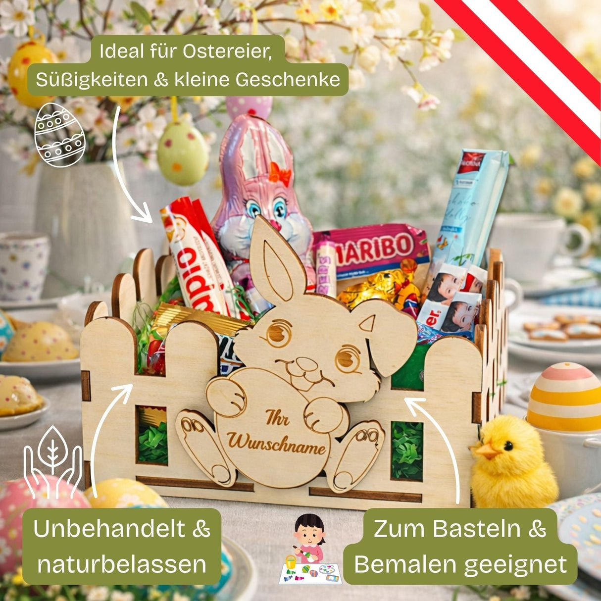 Ein hellholzfarbenes, kaninchenförmiges Geschenkkörbchen aus Holz mit natürlicher, unbearbeiteter Oberfläche und graviertem Text auf der Vorderseite.