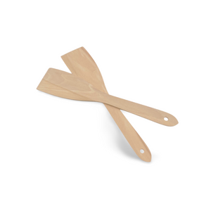 Holzspatel-Set mit gebogenen Kanten und Griffen, natürliche Holzfarbe.