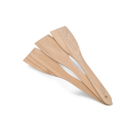 Set aus naturbelassenen Holzlöffeln mit Lederriemen, hellbeige Farbe.