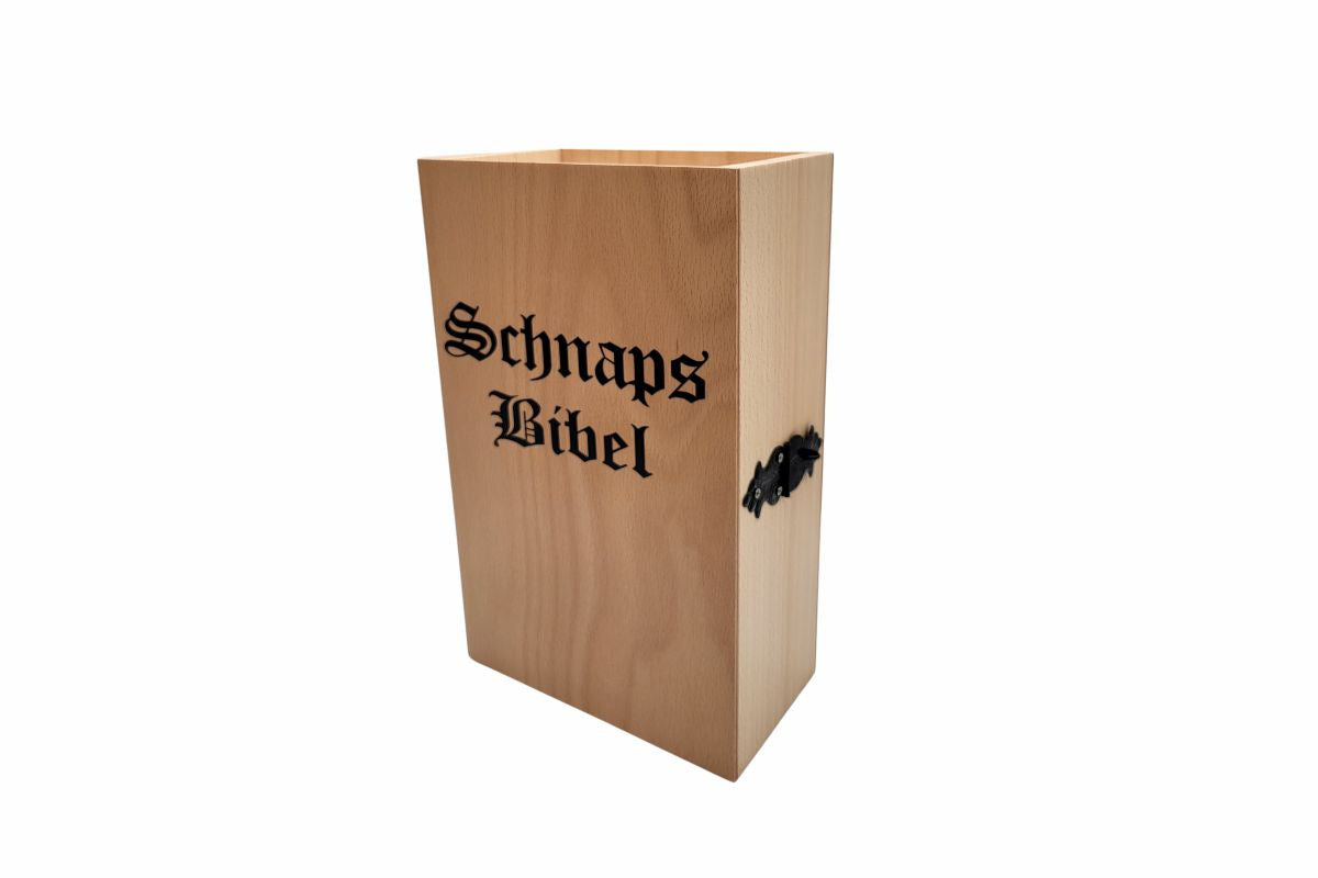 aufbewahrung schnaps SCHNAPSBIBEL aus Holz mit schwarzem Druck