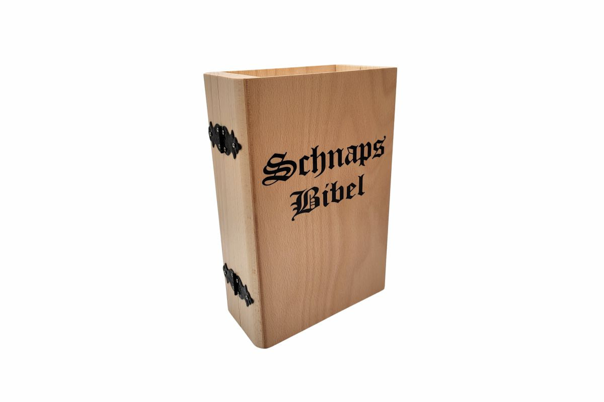schnaps aufbewahrung SCHNAPSBIBEL aus Holz mit schwarzem Druck