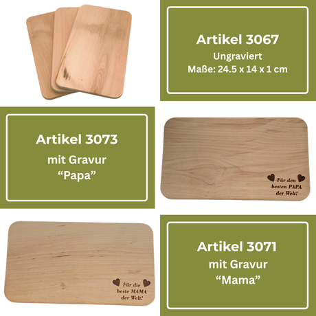 Hellgraue Holzschneidebretter mit gravierten herzlichen Nachrichten für ’Papa’ und ’Mama’.