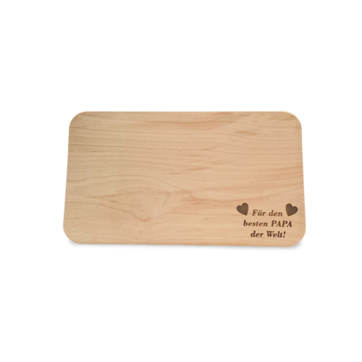 Holzschneidebrett mit graviertem Text und Herzen, hellbraune Farbe.
