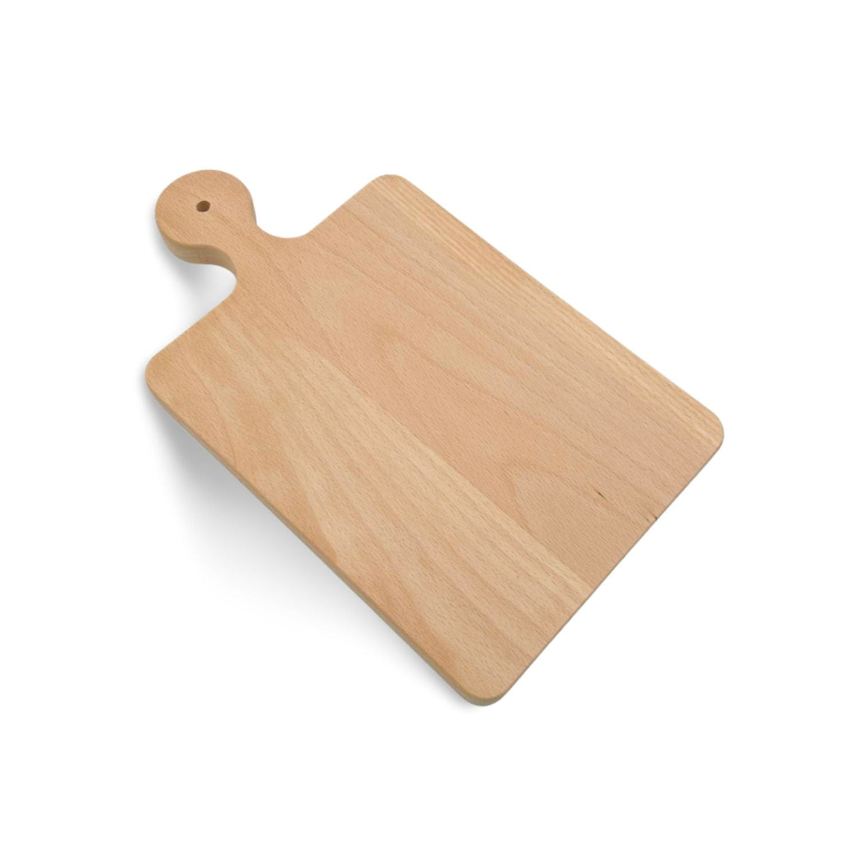 Holzschneidebrett mit Griff, hellbraune Farbe und natürlicher Holzmaserungstextur.