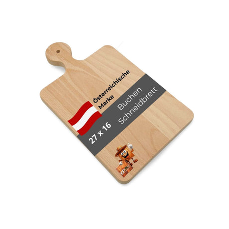 Hellfarbener Holzschnittbrett mit Griff, mit österreichischer Flagge und deutschem Text.