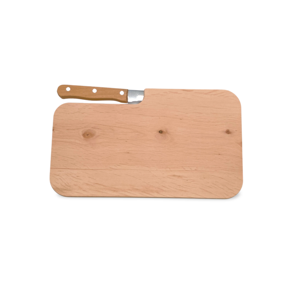 Ein leichtes Holzschneidebrett mit einer Aussparung für ein Messer mit Holzgriff.