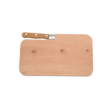 Ein leichtes Holzschneidebrett mit einer Aussparung für ein Messer mit Holzgriff.