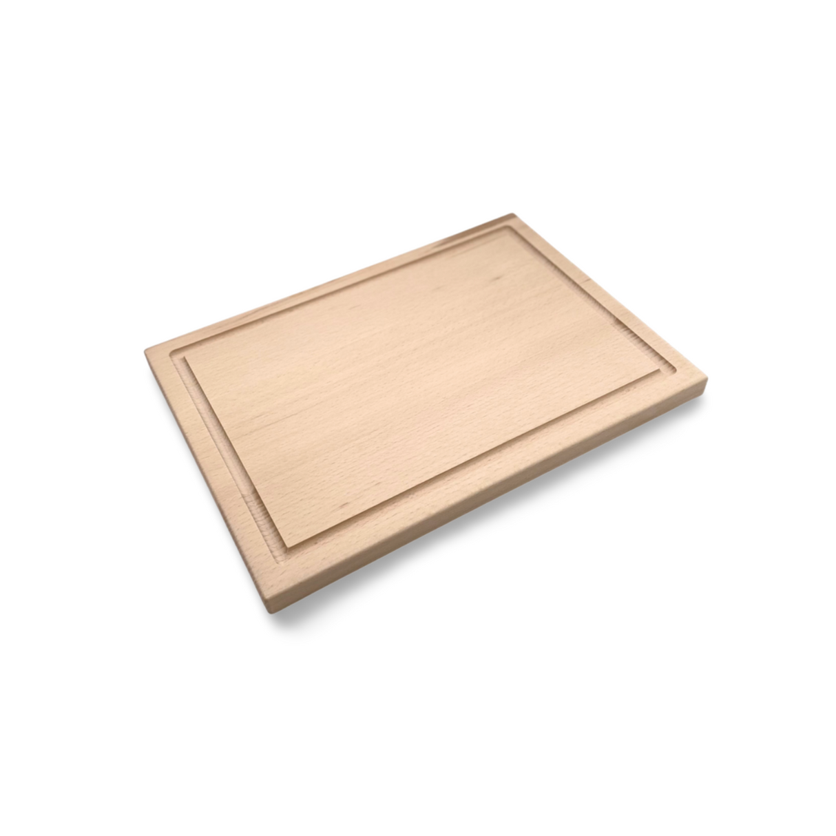 Helles, rechteckiges Holzschneidebrett mit gerilltem Rand.