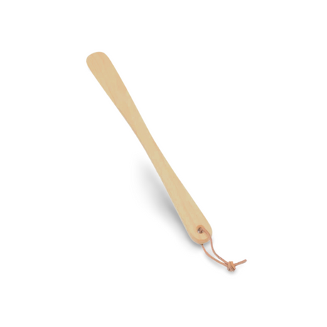 Schuhanzieher aus Holz mit Lederschlaufe.
