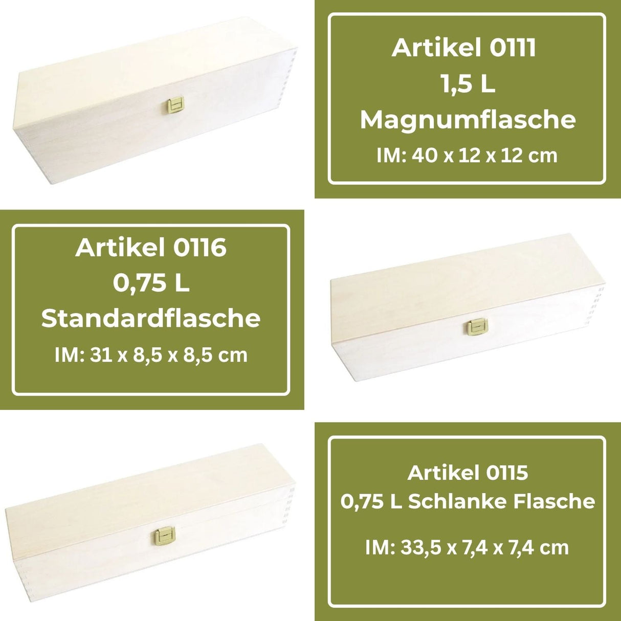 Drei verschiedene Weinkisten aus Holz.