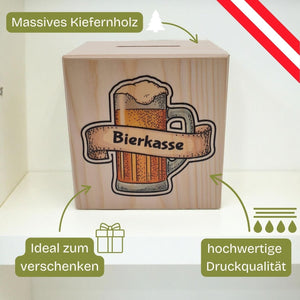 Hölzerne Bierspardose.