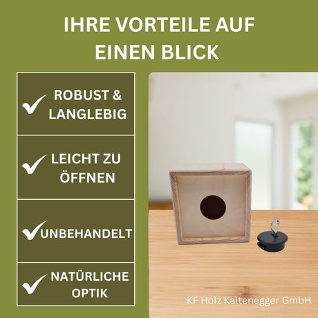 Holzkiste mit einem Loch und einem schwarzen Stopfen.