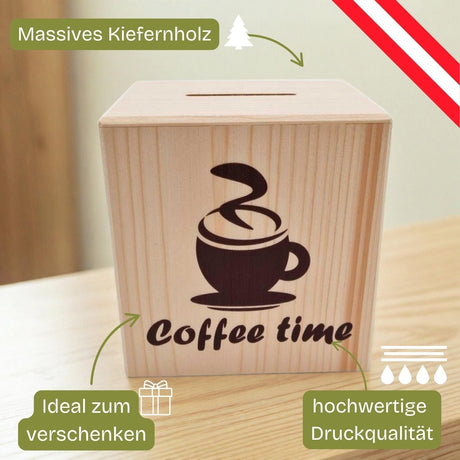 Spardose aus Holz mit Kaffee-Motiv.