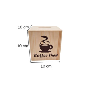 Kaffee-Münzbank aus Holz.