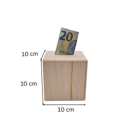 Würfelspardose aus Holz mit Euro-Schein.