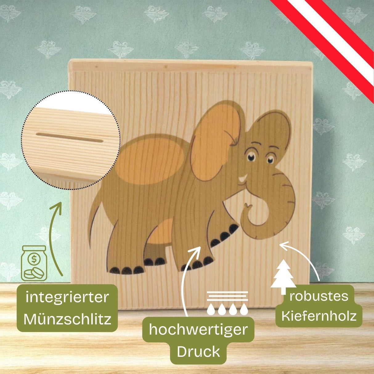 Sparschwein aus Holz mit einem Elefantenmotiv.