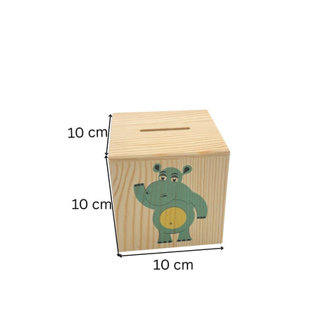 Sparschwein aus Holz mit grünem Nilpferdmotiv