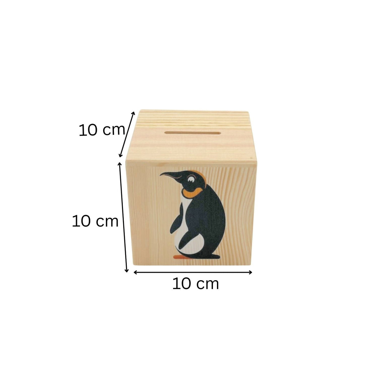 Würfelspardose aus Holz mit einer Pinguin-Illustration.
