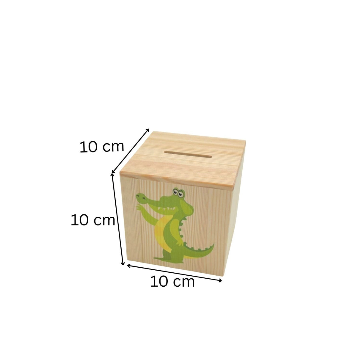 Würfelförmige Spardose aus Holz mit einem Cartoon-Alligator-Motiv.