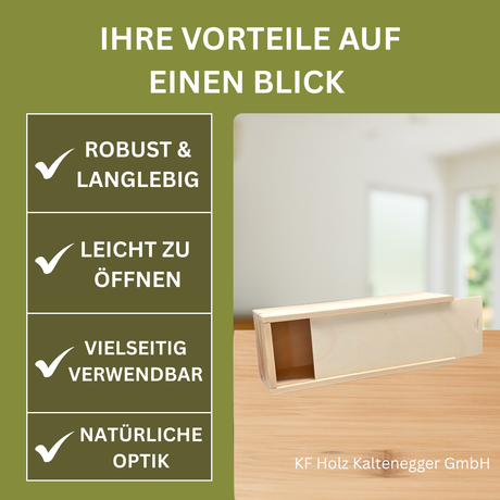 Eine helle hölzerne Schachtel mit Schiebedeckel und natürlicher Holzmaserung.