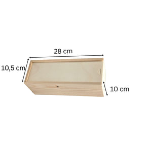 Rechteckige Holzkiste mit Abmessungen.