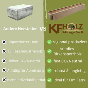 Das Bild zeigt einen Vergleich zwischen zwei Arten von Holzkisten, wobei das Hauptobjekt eine hellbraune rechteckige Kiste aus Birken-Sperrholz ist.