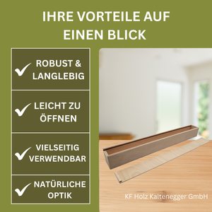 Ein schlankes, hellbraunes Holztablett mit passendem Deckel, das für praktische und natürliche Ästhetik gestaltet ist.