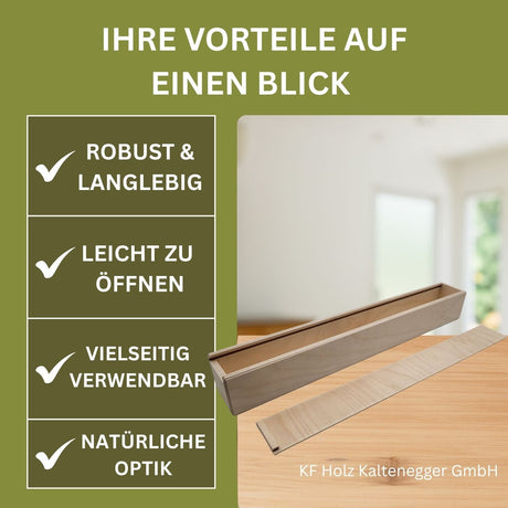 Schublade und Deckel aus Holz.