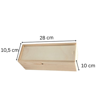 Rechteckige Holzkiste mit Abmessungen.