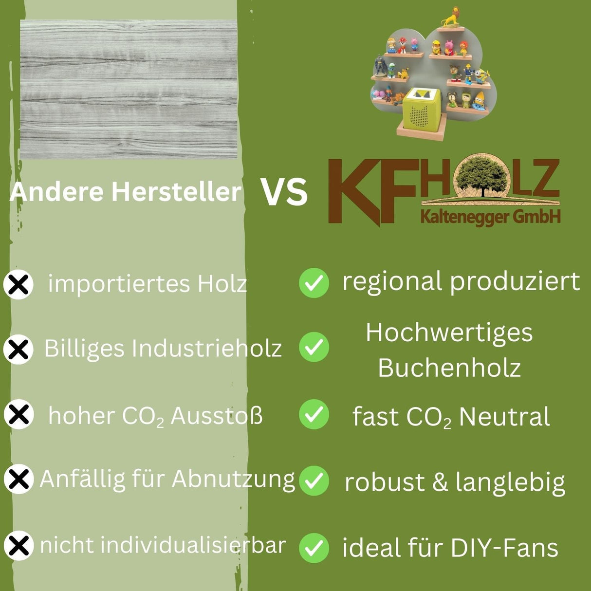 Rustikale Holzkiste mit grünen Akzenten und stabilen Griffen, ideal für DIY-Enthusiasten.