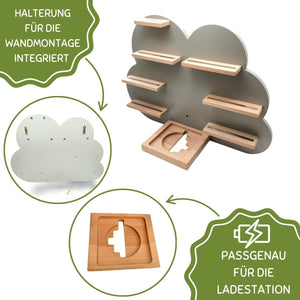 Wolkenförmige, aus Holz gefertigte, wandmontierte Ladestation mit integrierten Regalen und natürlicher Holzoptik.