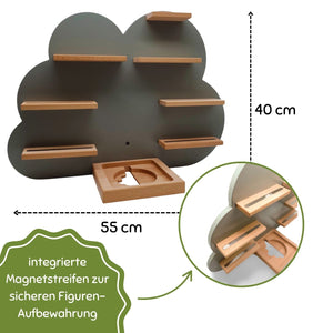 Wolkenförmiges Holzregal mit integrierten Magnetstreifen für die Spielzeugaufbewahrung, 40 cm hoch und 55 cm breit.