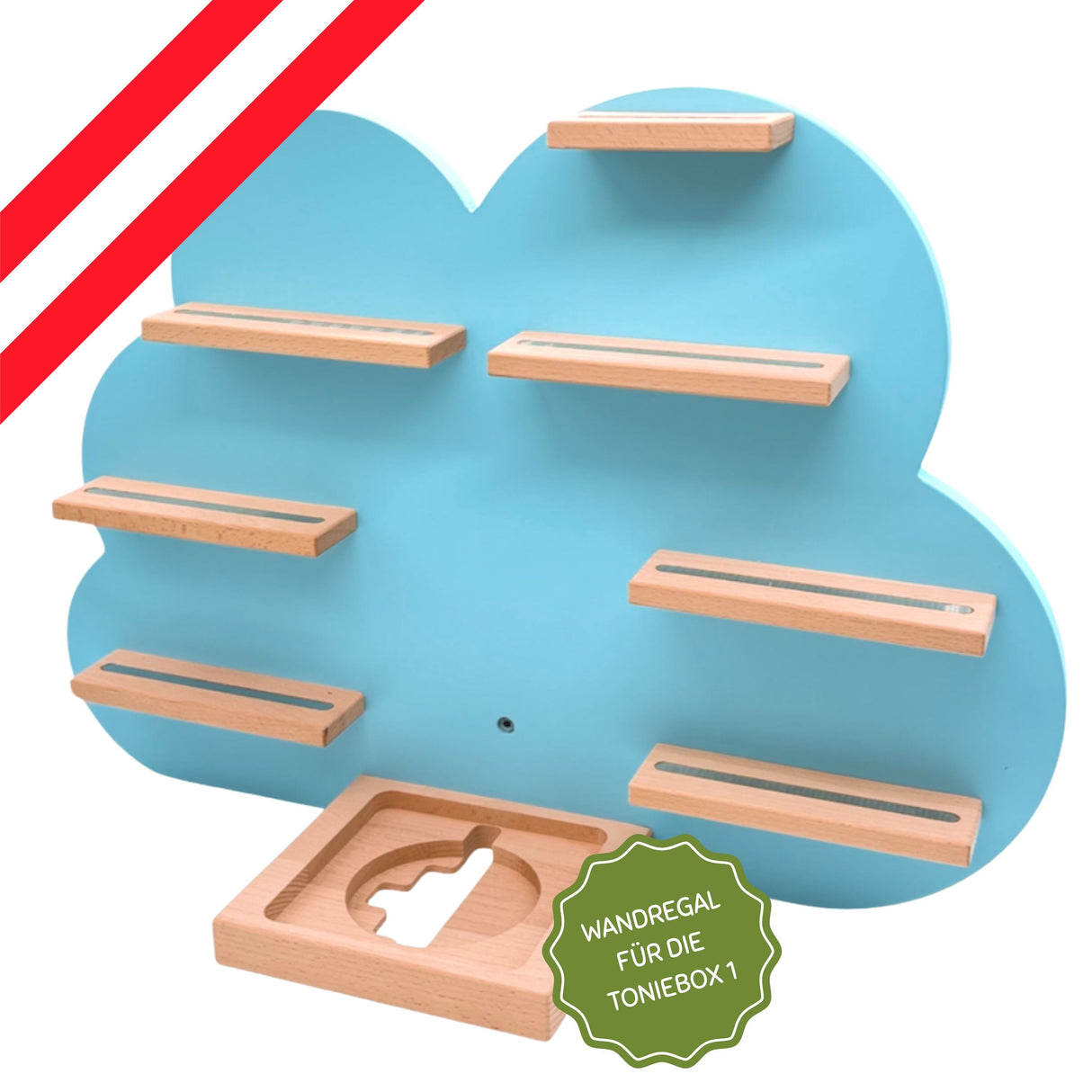 Holz-Wandregal in Wolkenform mit mehreren Regalböden und einer Ausschnitt für die Toniebox 1.