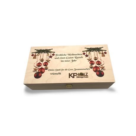 Leichte Holzkiste mit weihnachtlichem Design.