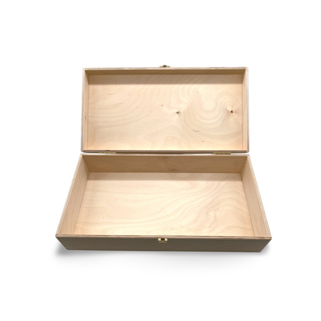 Ein offener, leerer, rechteckiger Kasten aus hellem Holz mit Metallverschlüssen und Scharnieren.