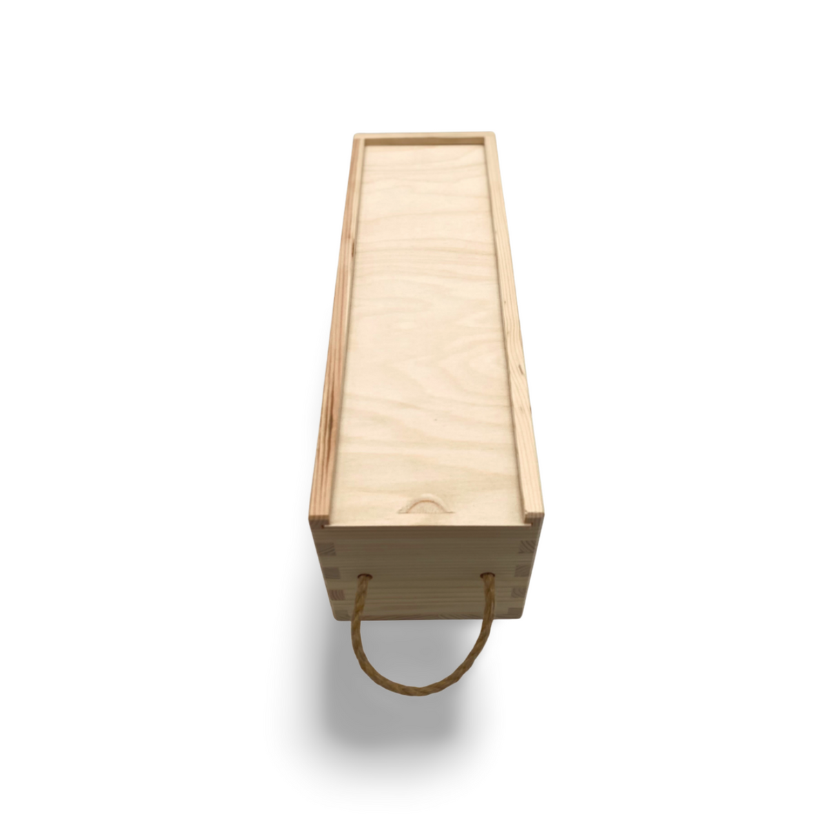 Holzkiste mit Seilgriff.