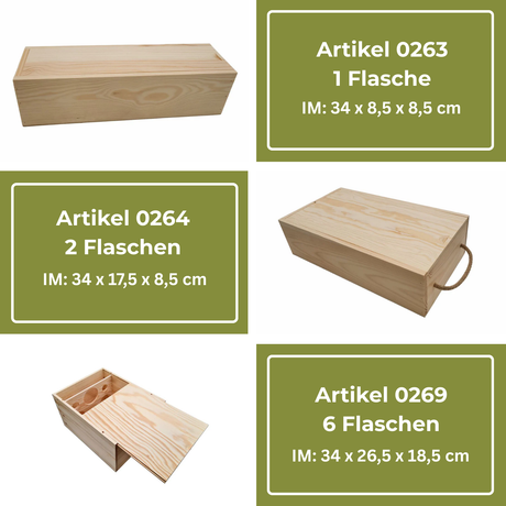 Hellelfenholz-Weinbox mit Griff und unterschiedlichen Größen für eine, zwei oder sechs Flaschen.